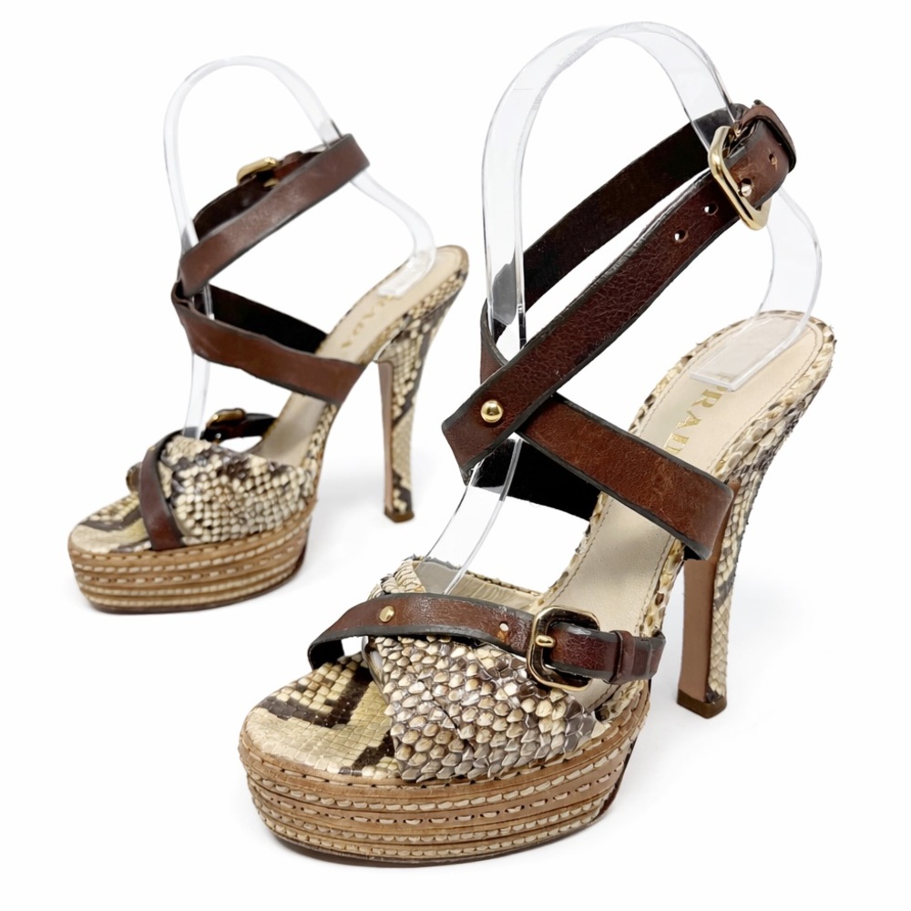 Prada Snakeskin Platform Strappy High Heels Womens Size EU 37